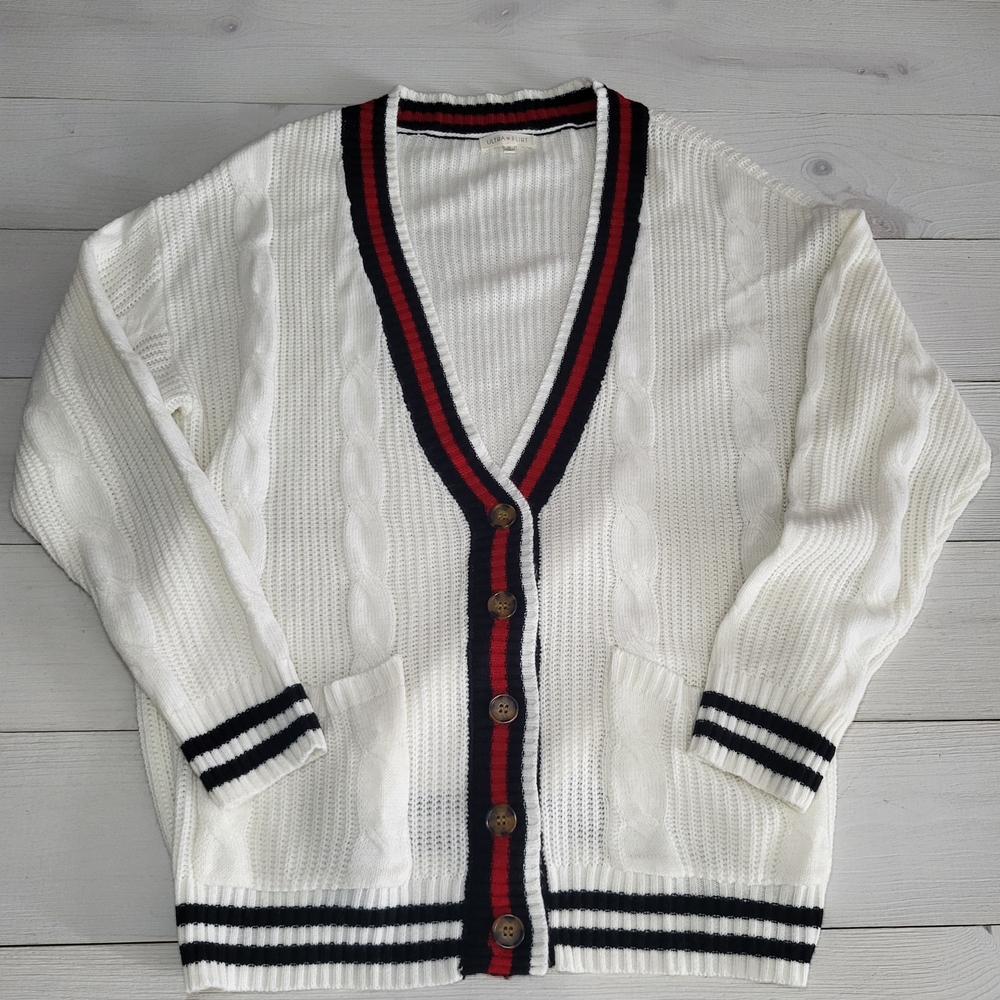 Ultra Flirt White Cardigan with Black and Red Stripes